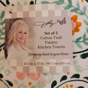 Dolly Parton Set of 2 Cotton Twill Paisley Kitchen Towels Pink Butterfly Floral
